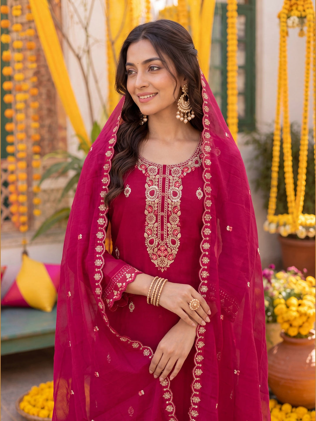 Mal Chanderi  Kurta Pant Dupatta Set