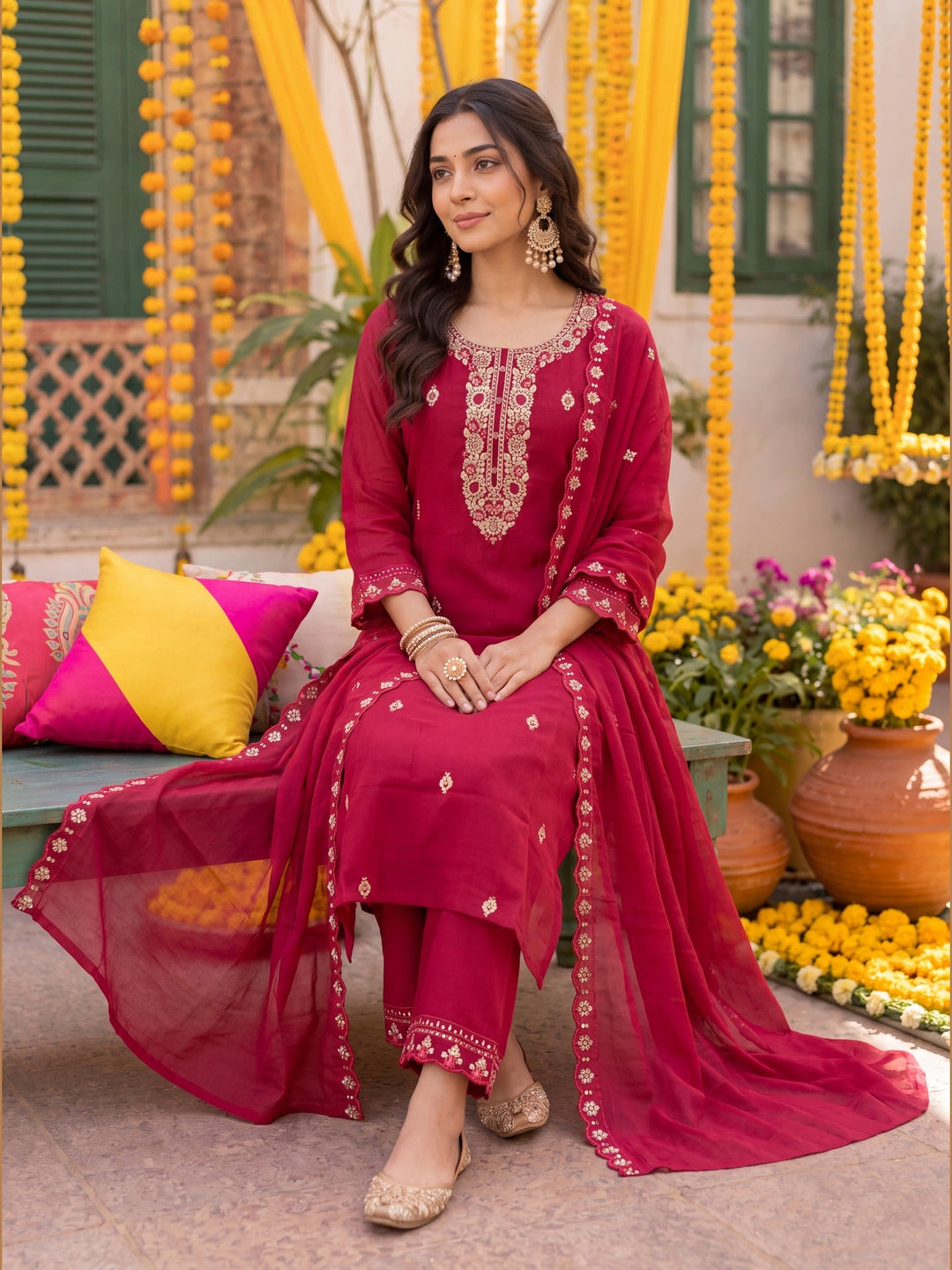 Mal Chanderi  Kurta Pant Dupatta Set