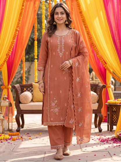 Rust Tissue Lining Kurta Dupatta Pant Set
