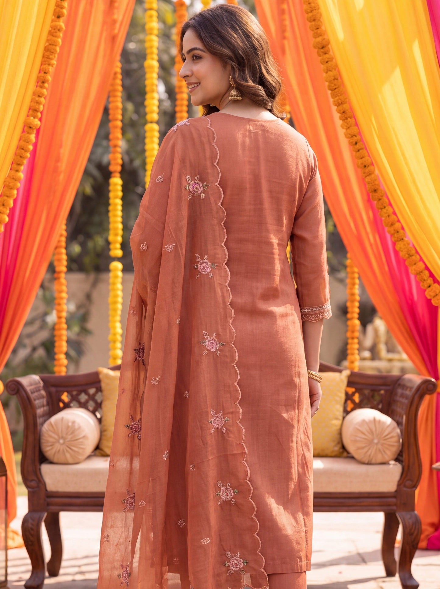 Rust Tissue Lining Kurta Dupatta Pant Set
