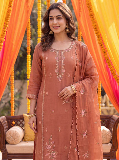 Rust Tissue Lining Kurta Dupatta Pant Set