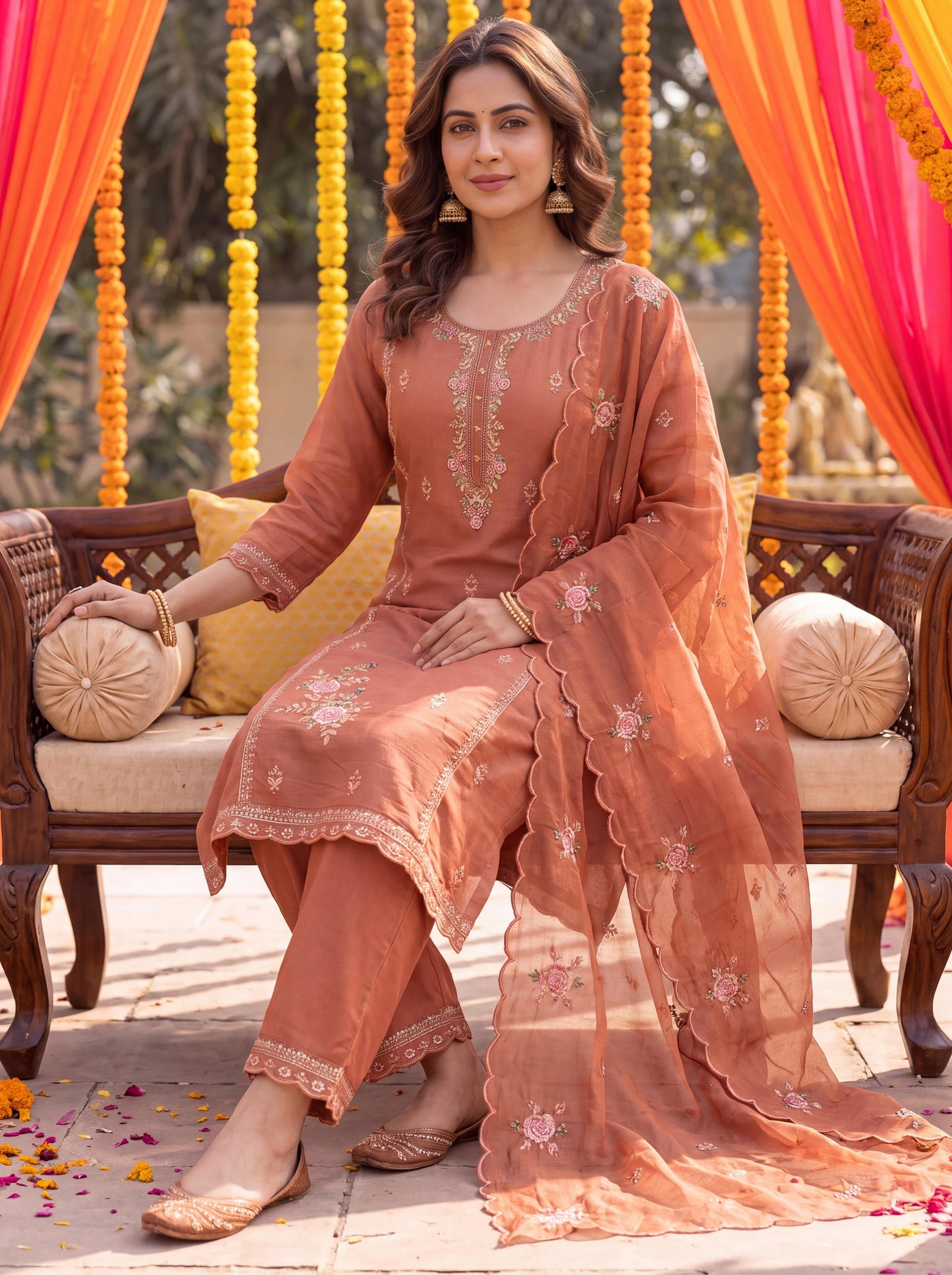 Rust Tissue Lining Kurta Dupatta Pant Set