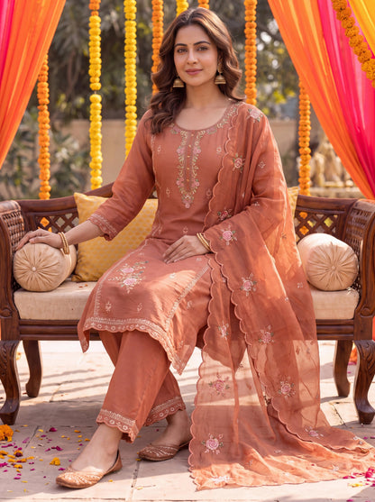 Rust Tissue Lining Kurta Dupatta Pant Set
