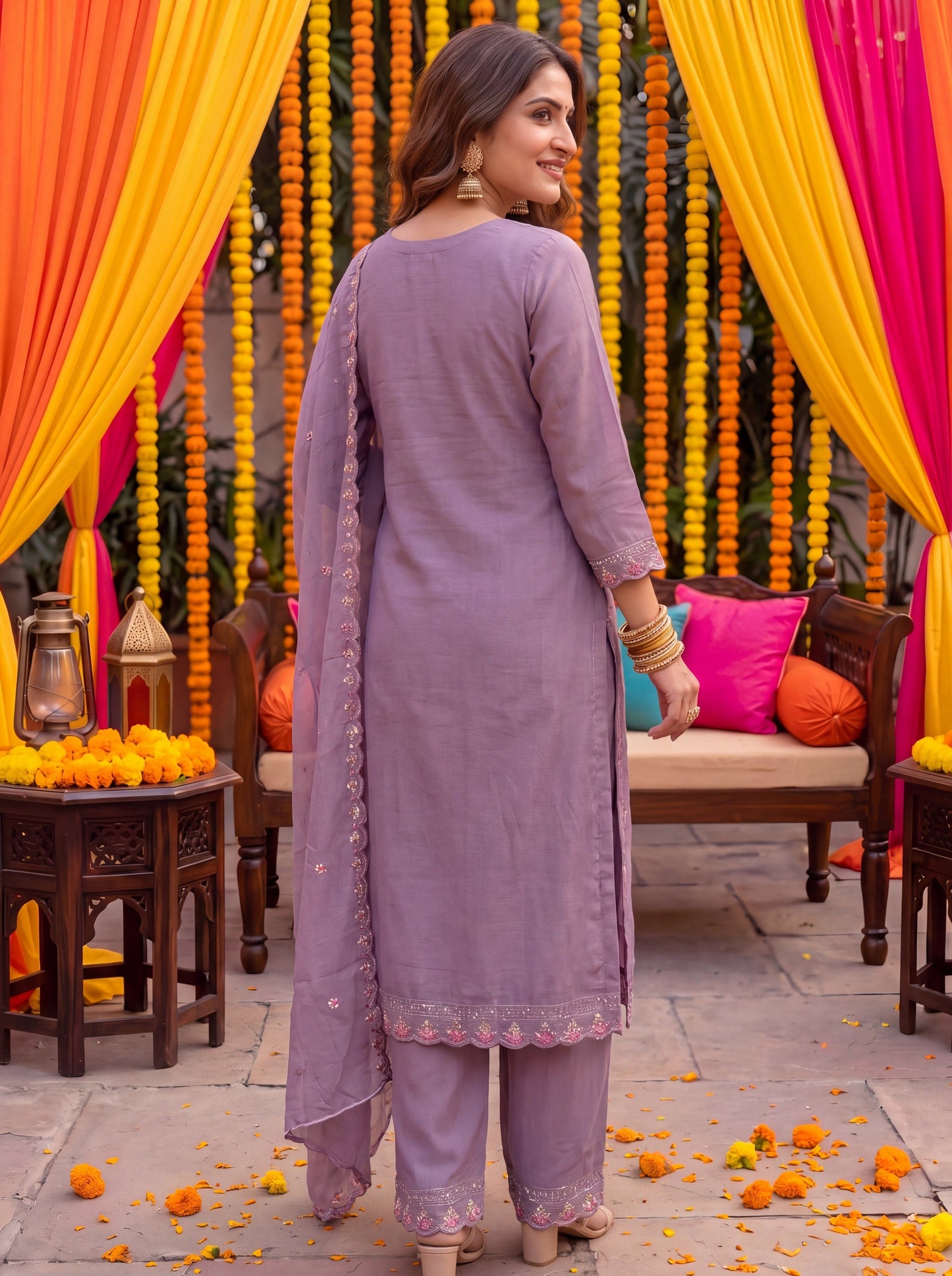Lavender Tissue Lining Kurta Dupatta Pant Set