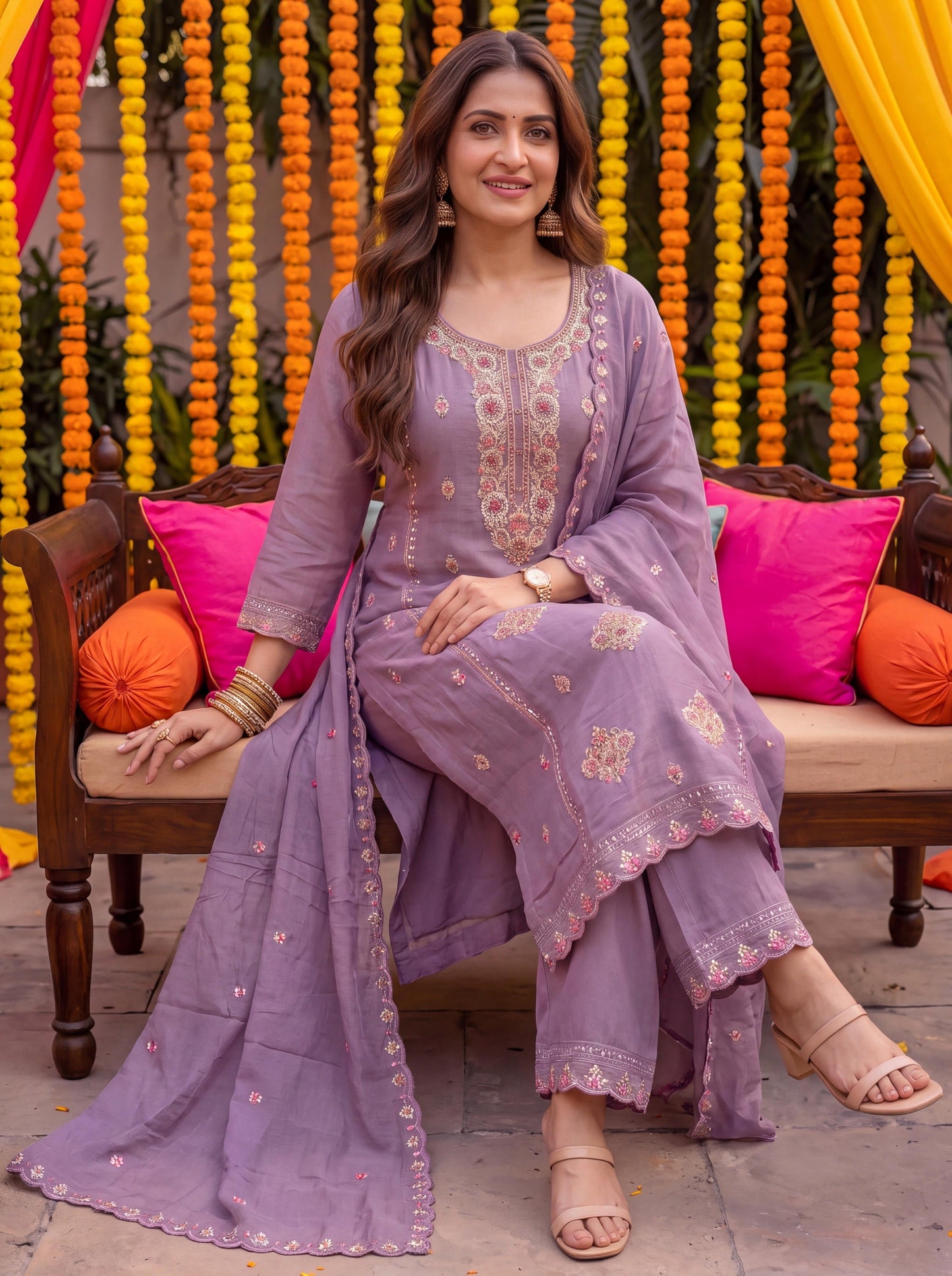 Lavender Tissue Lining Kurta Dupatta Pant Set