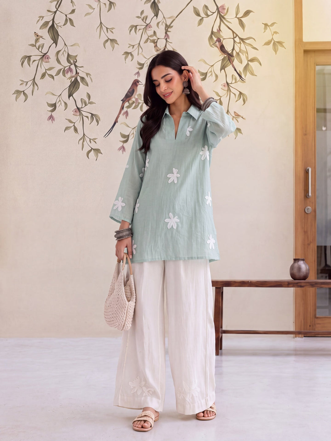 Pure Silk Chanderi Floral Applique Top