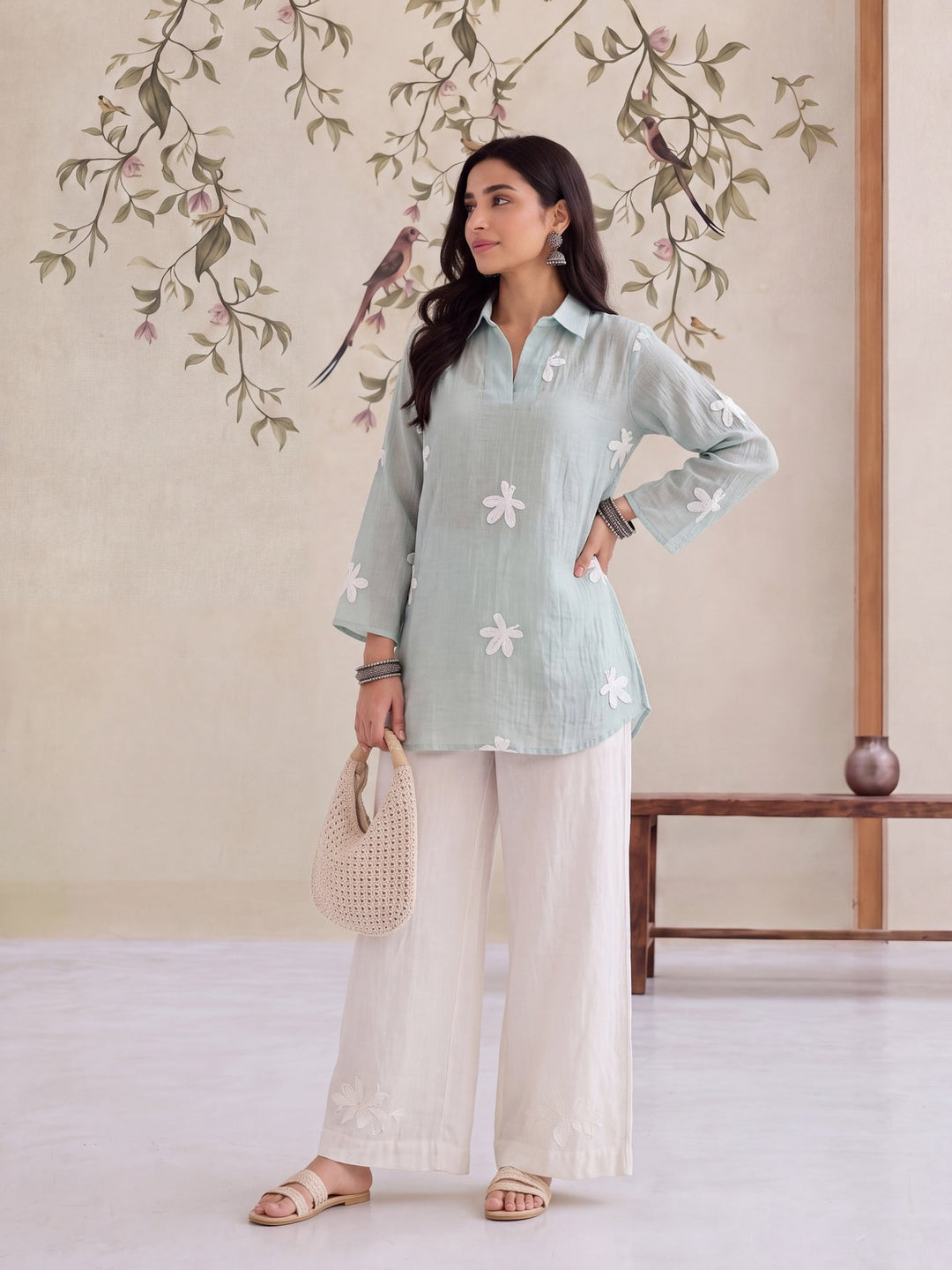 Pure Silk Chanderi Floral Applique Top