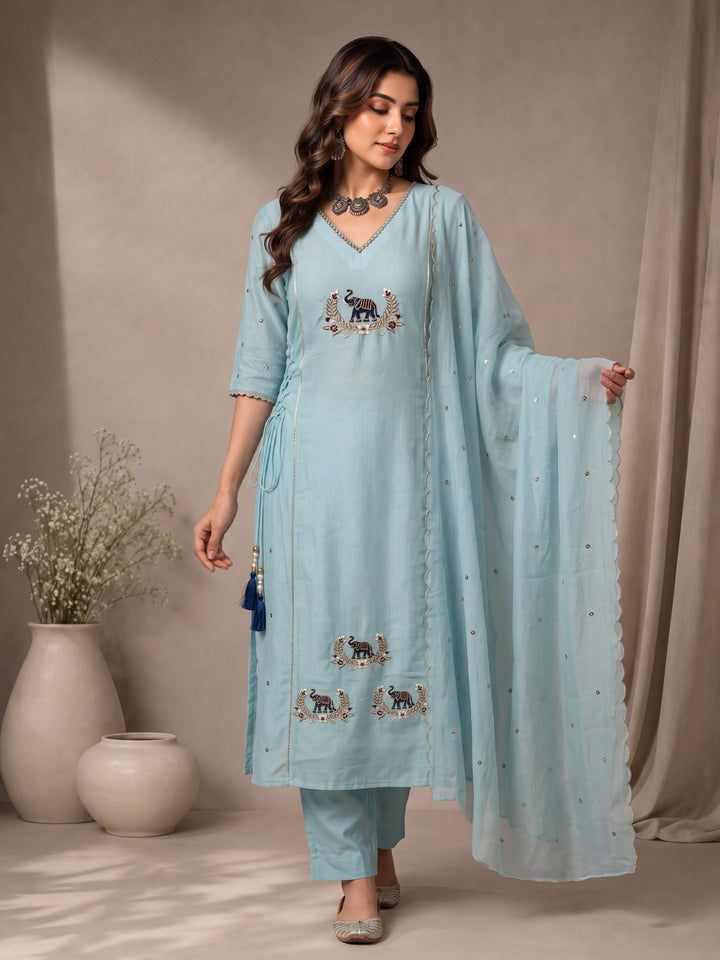 Mul Chanderi A-Line Kurta Pant Dupatta Set