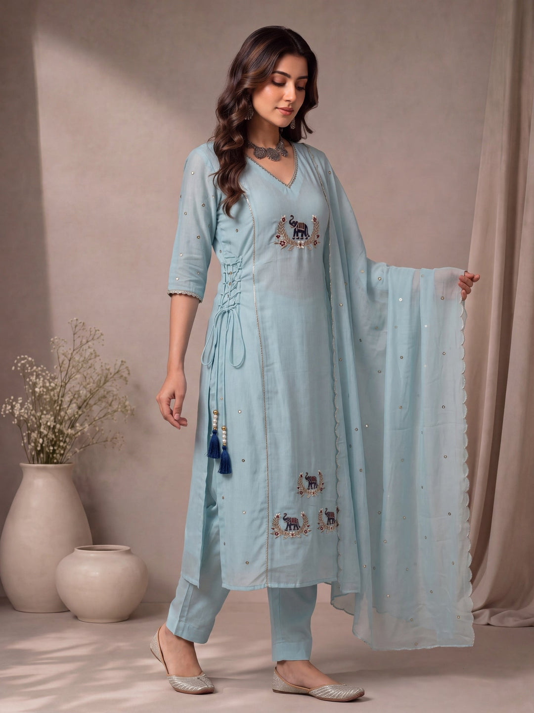 Mul Chanderi A-Line Kurta Pant Dupatta Set