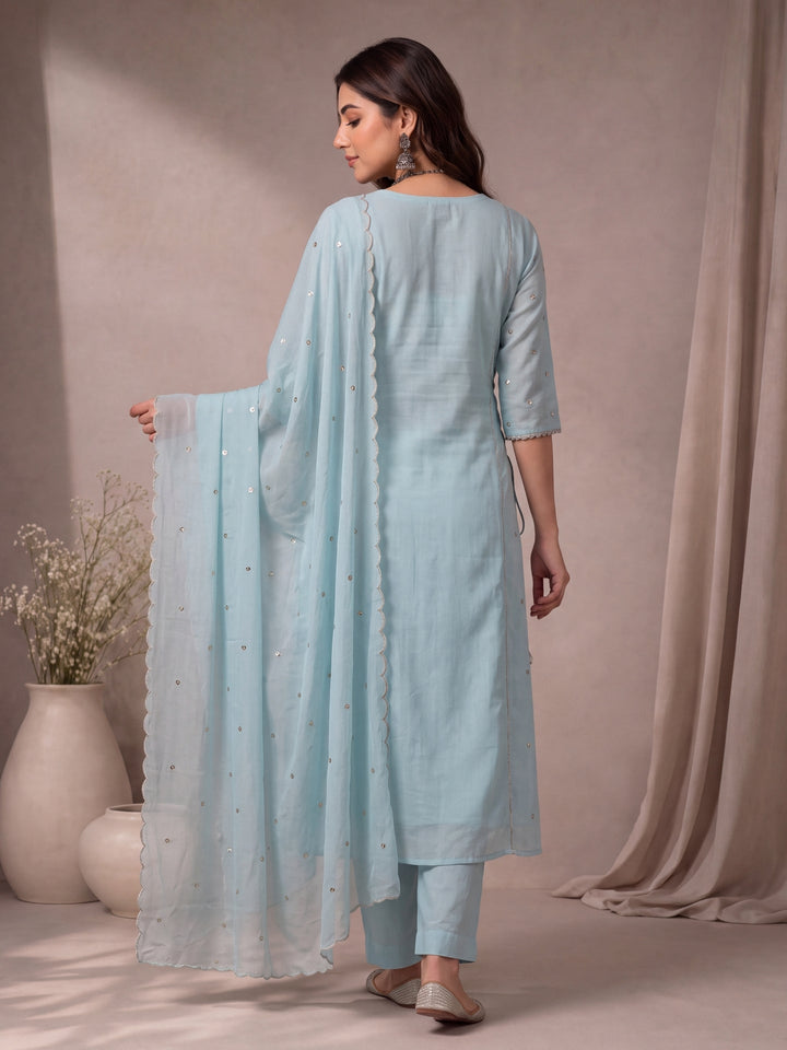 Mul Chanderi A-Line Kurta Pant Dupatta Set