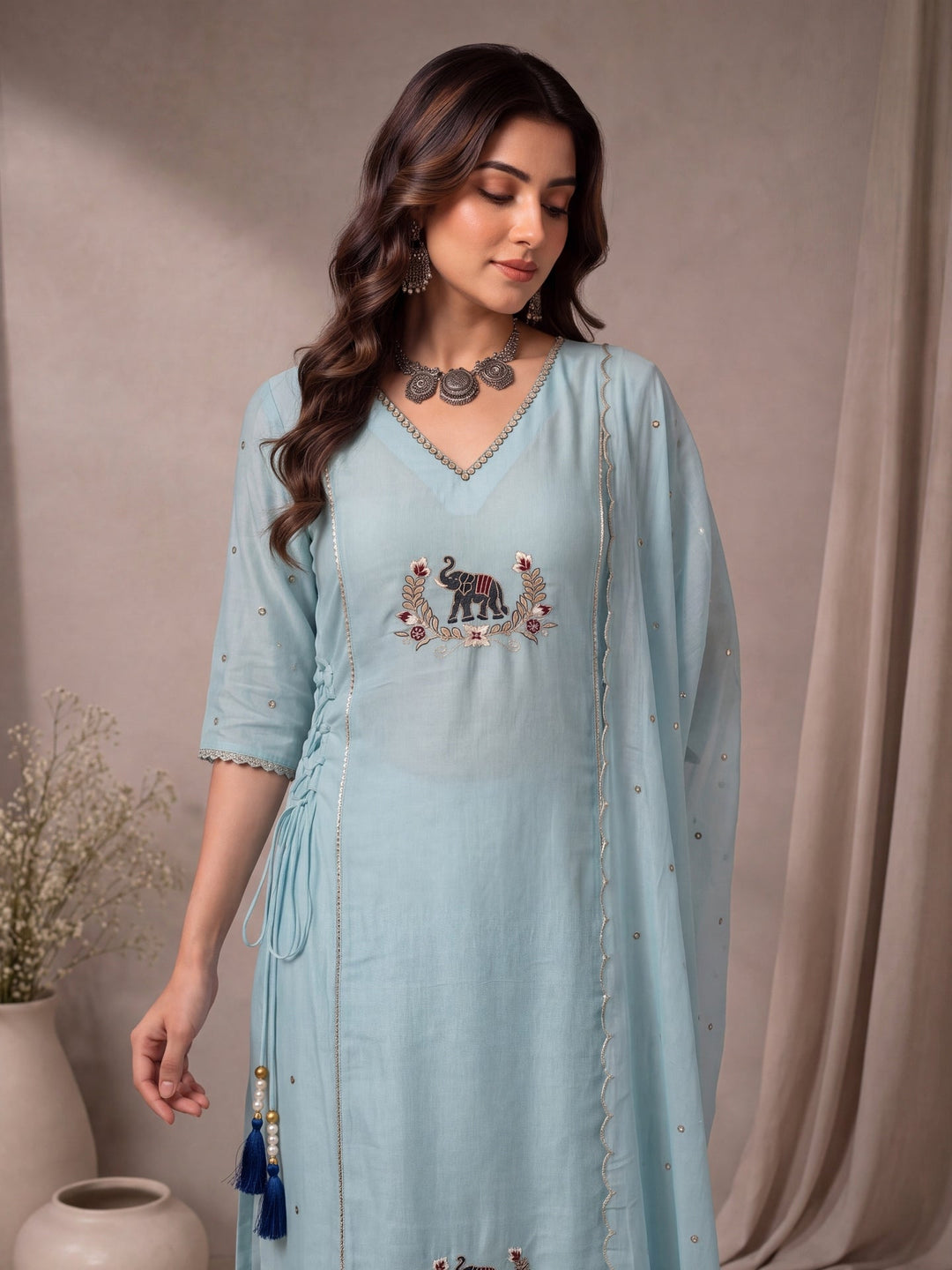 Mul Chanderi A-Line Kurta Pant Dupatta Set