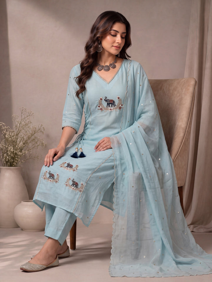 Mul Chanderi A-Line Kurta Pant Dupatta Set
