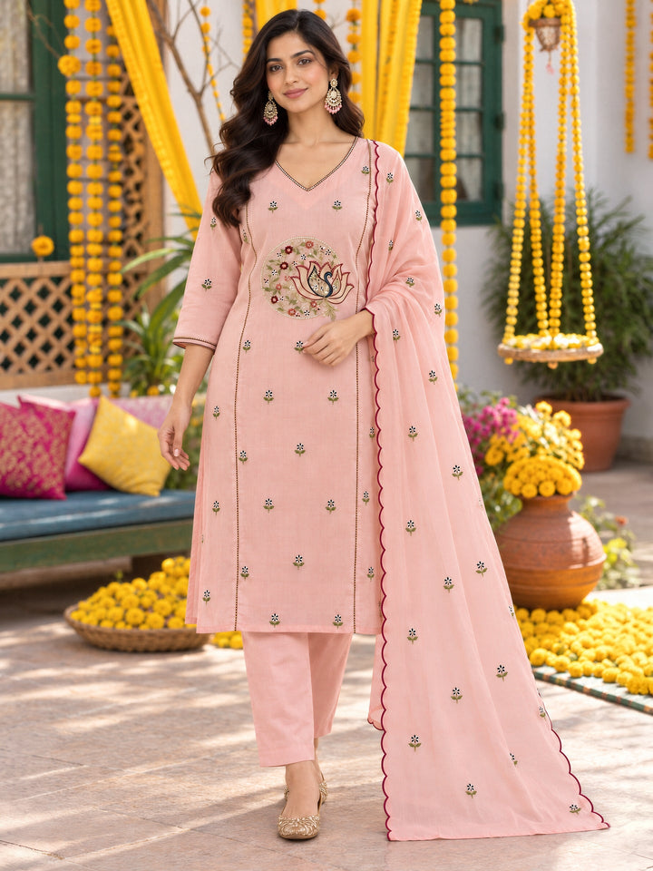 Mul Chanderi Flared Kurta Pant Dupatta Set