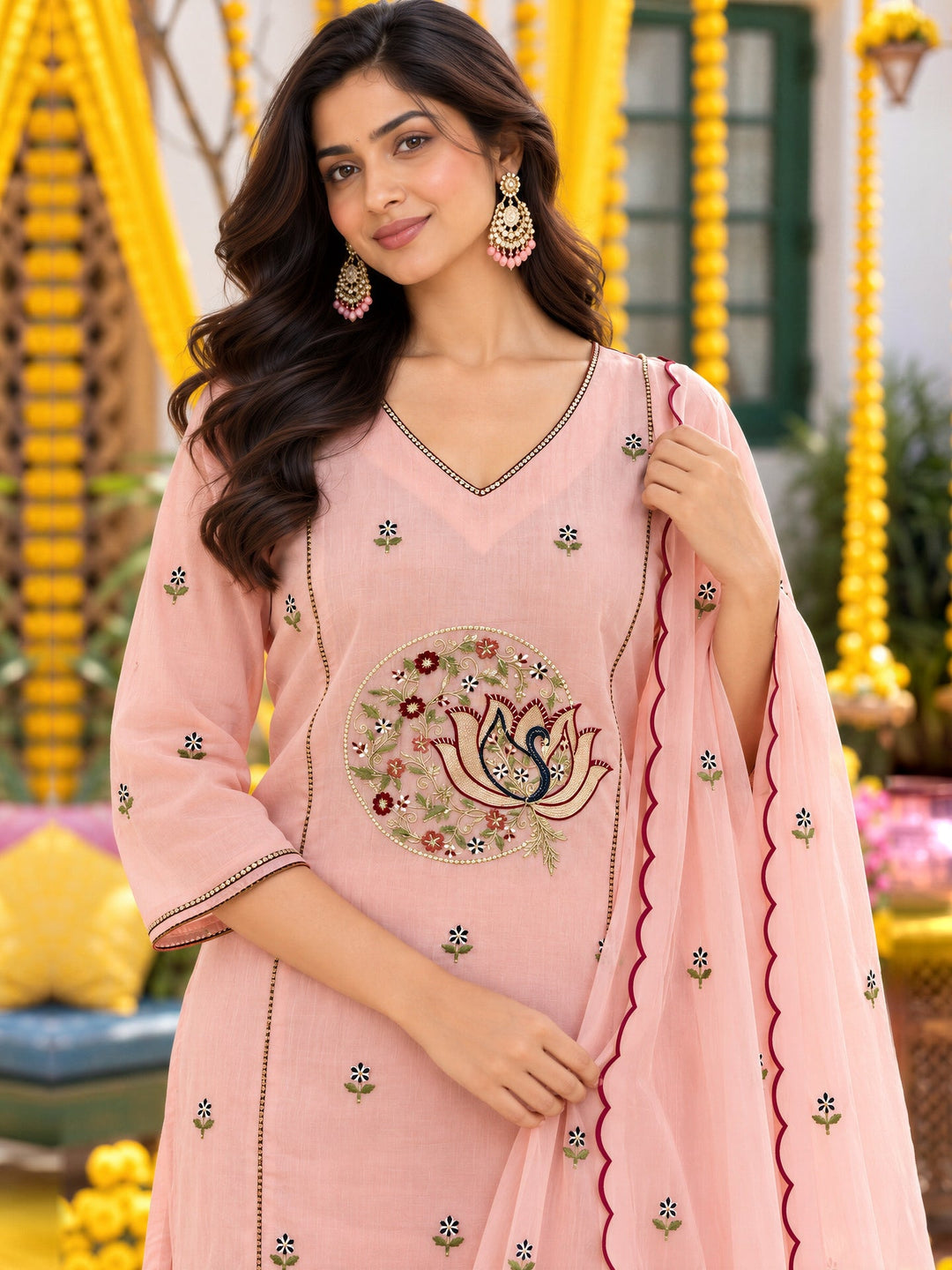 Mul Chanderi Flared Kurta Pant Dupatta Set