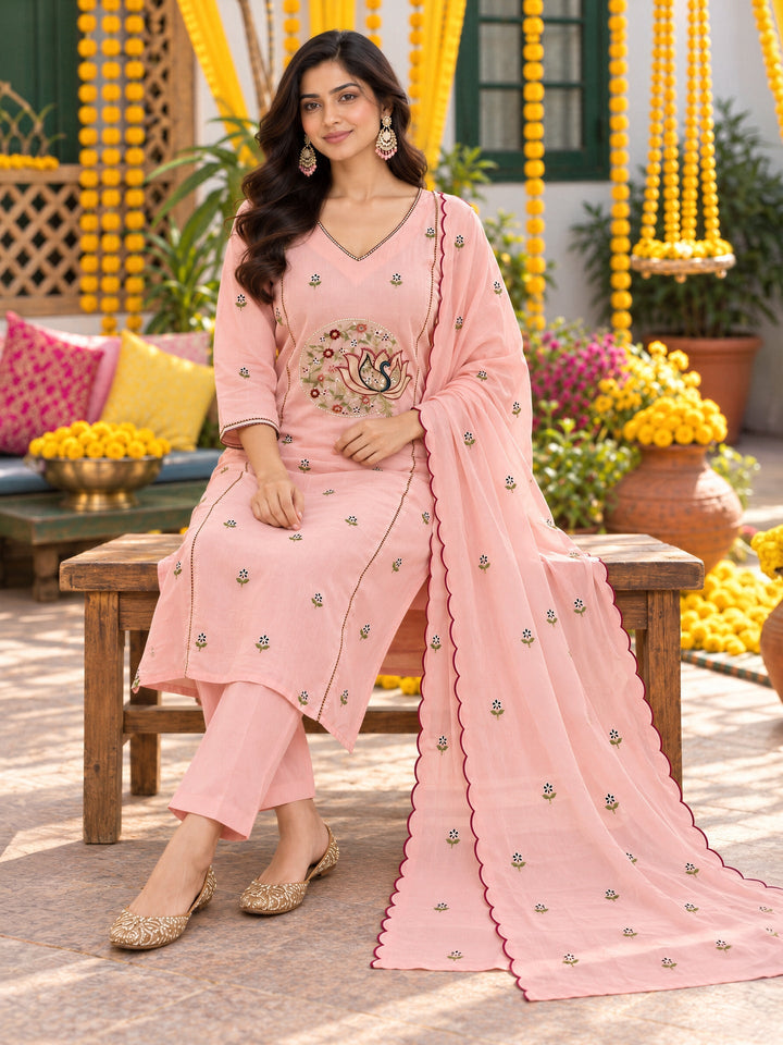 Mul Chanderi Flared Kurta Pant Dupatta Set