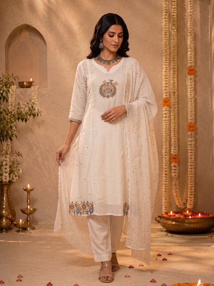 Mul Chanderi Flared Kurta Pant Dupatta Set