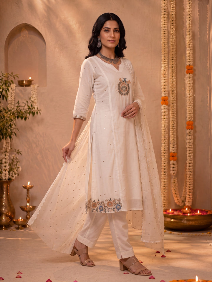 Mul Chanderi Flared Kurta Pant Dupatta Set
