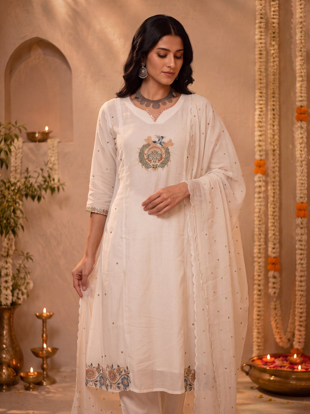 Mul Chanderi Flared Kurta Pant Dupatta Set