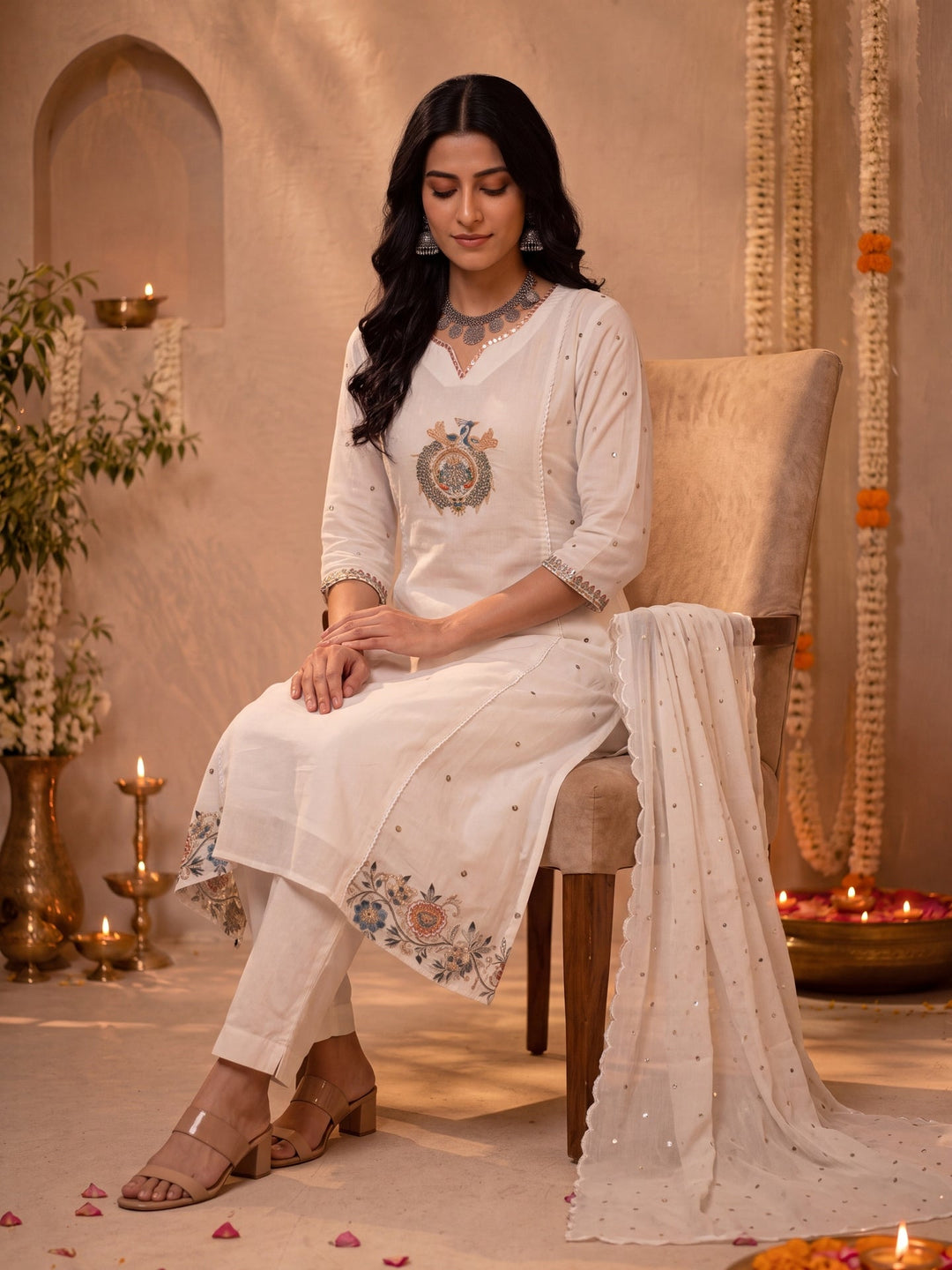 Mul Chanderi Flared Kurta Pant Dupatta Set