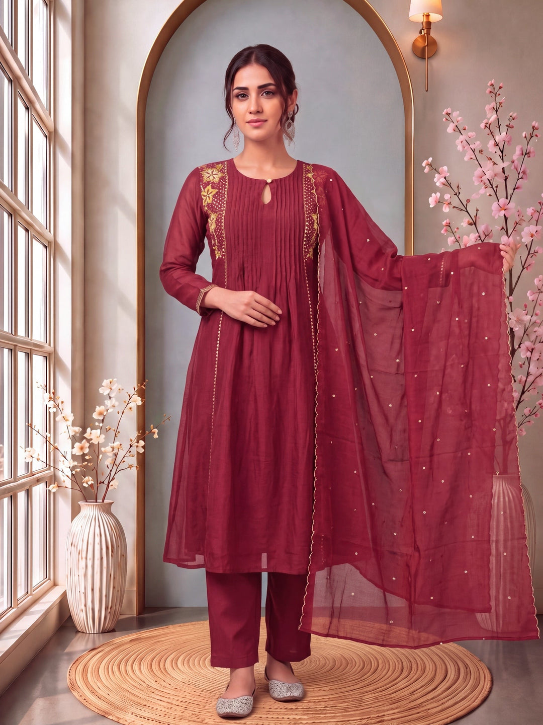 Mul Chanderi Pintuck Pleated Kurta Pant Dupatta Set