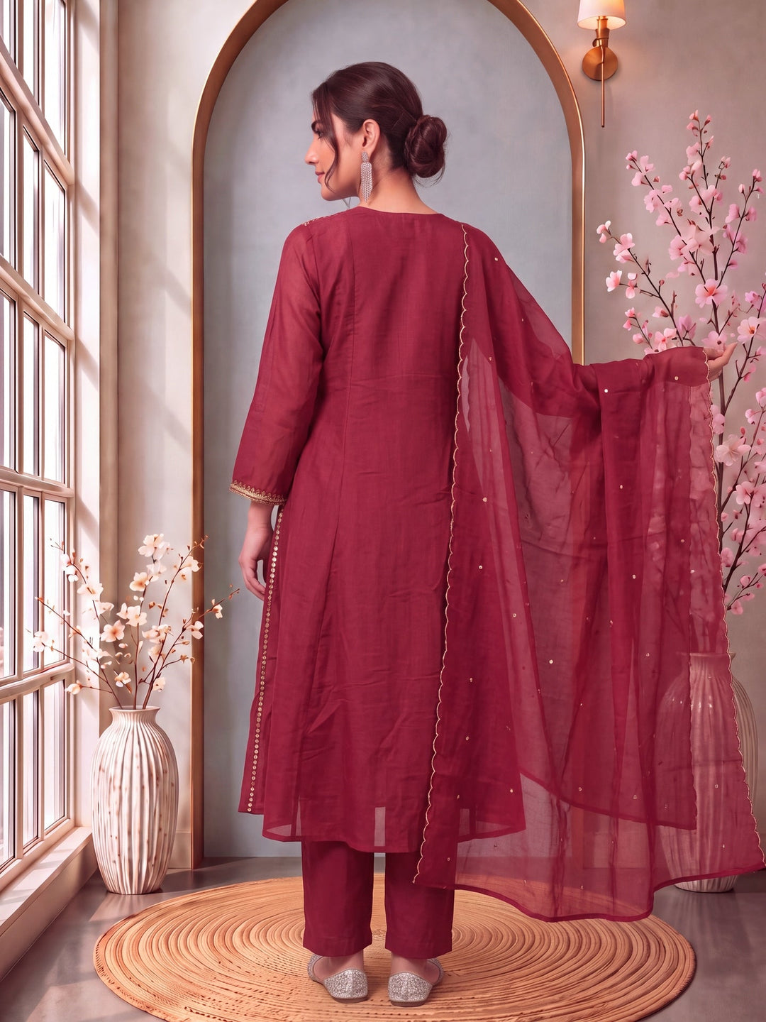 Mul Chanderi Pintuck Pleated Kurta Pant Dupatta Set