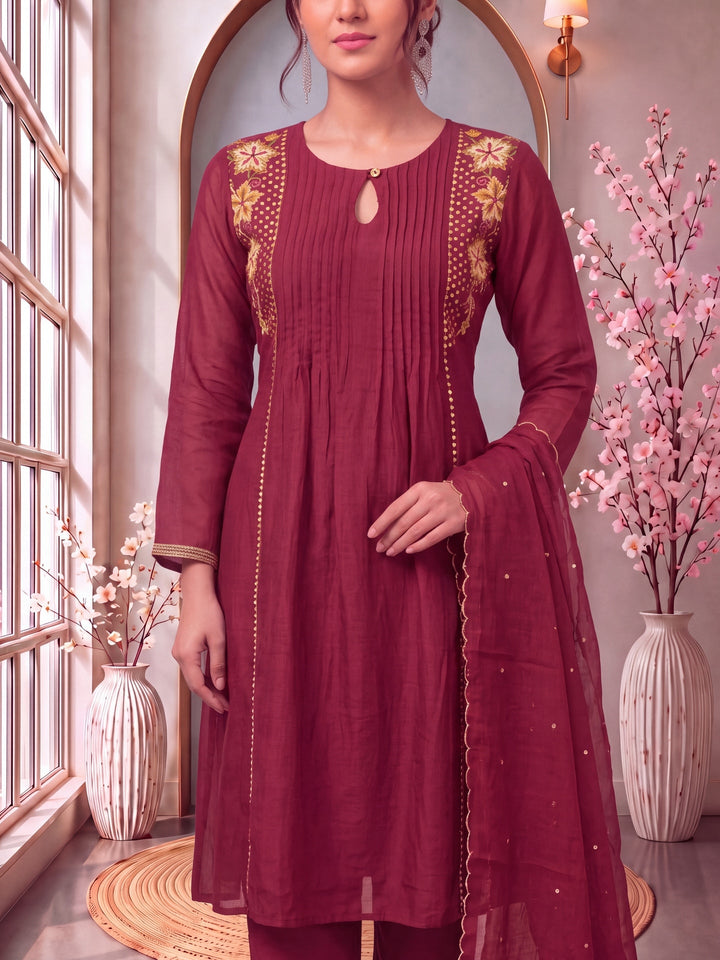 Mul Chanderi Pintuck Pleated Kurta Pant Dupatta Set