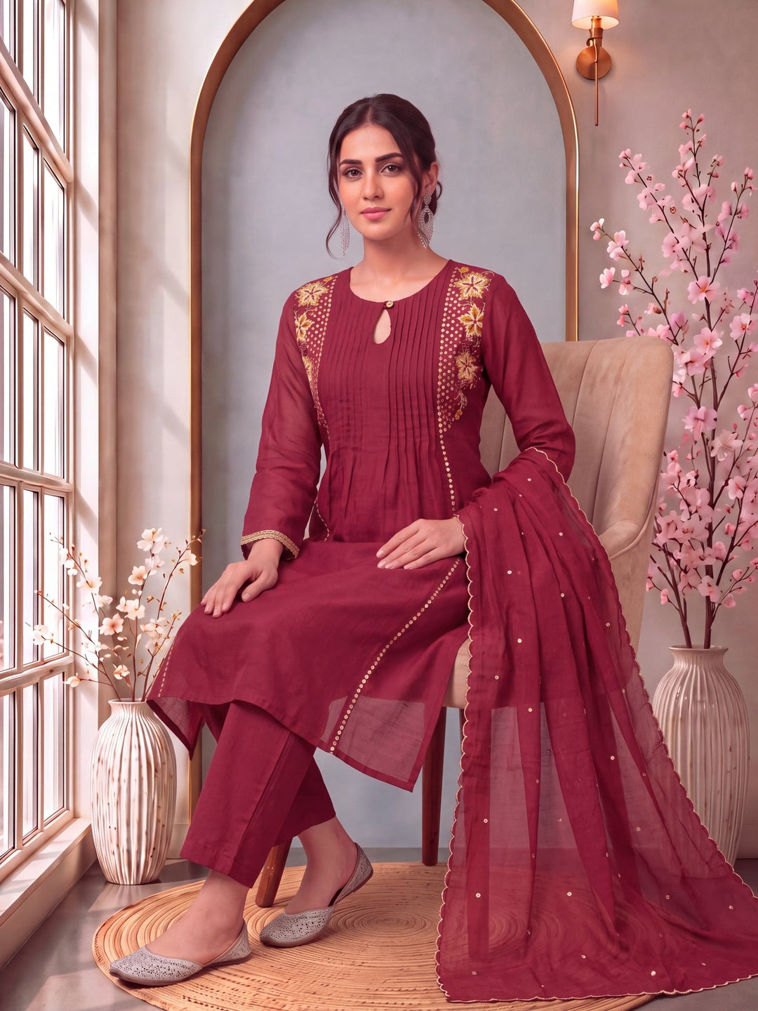 Mul Chanderi Pintuck Pleated Kurta Pant Dupatta Set