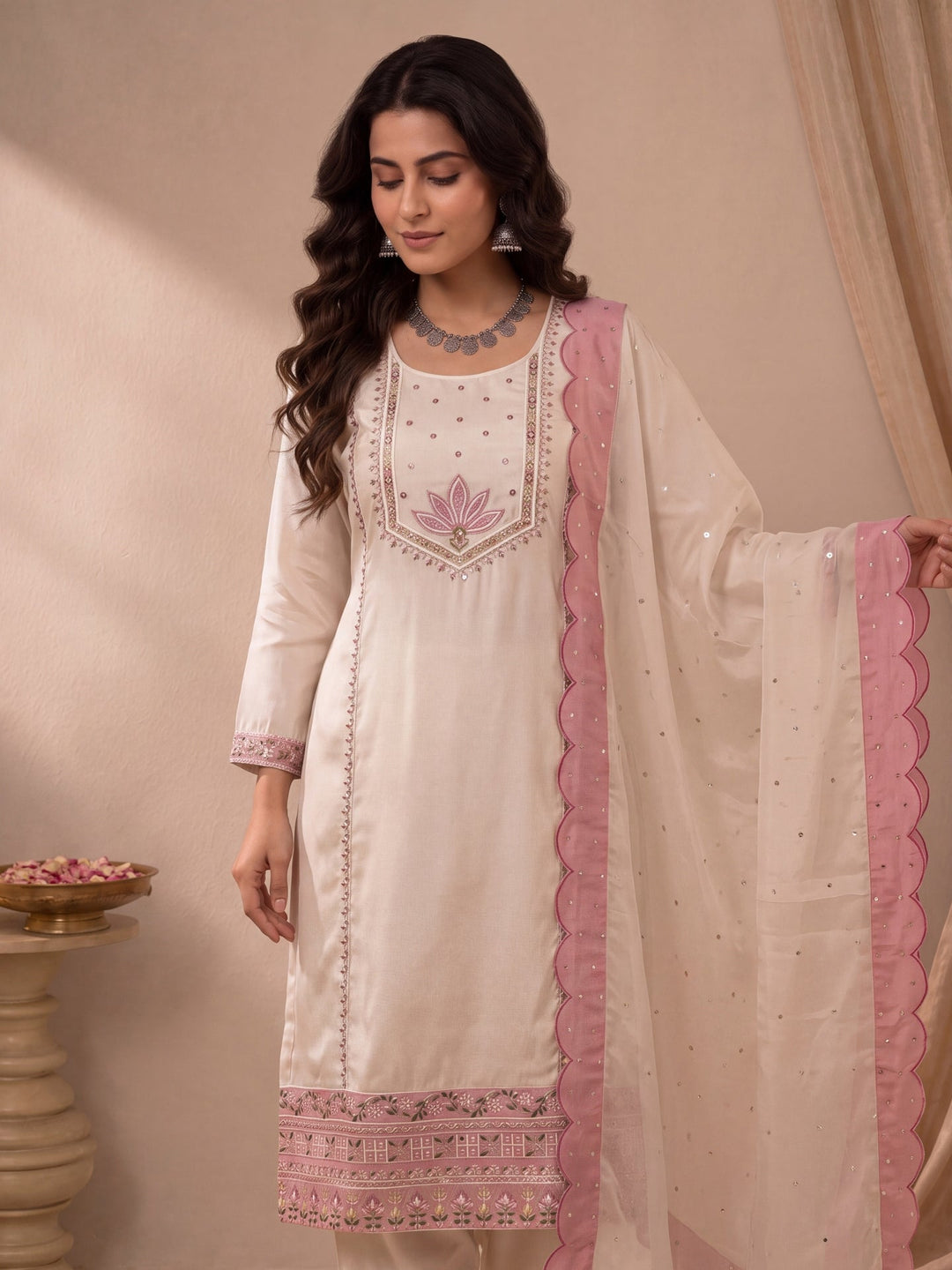 Hot Silk Straight Kurta Salwar Dupatta Set