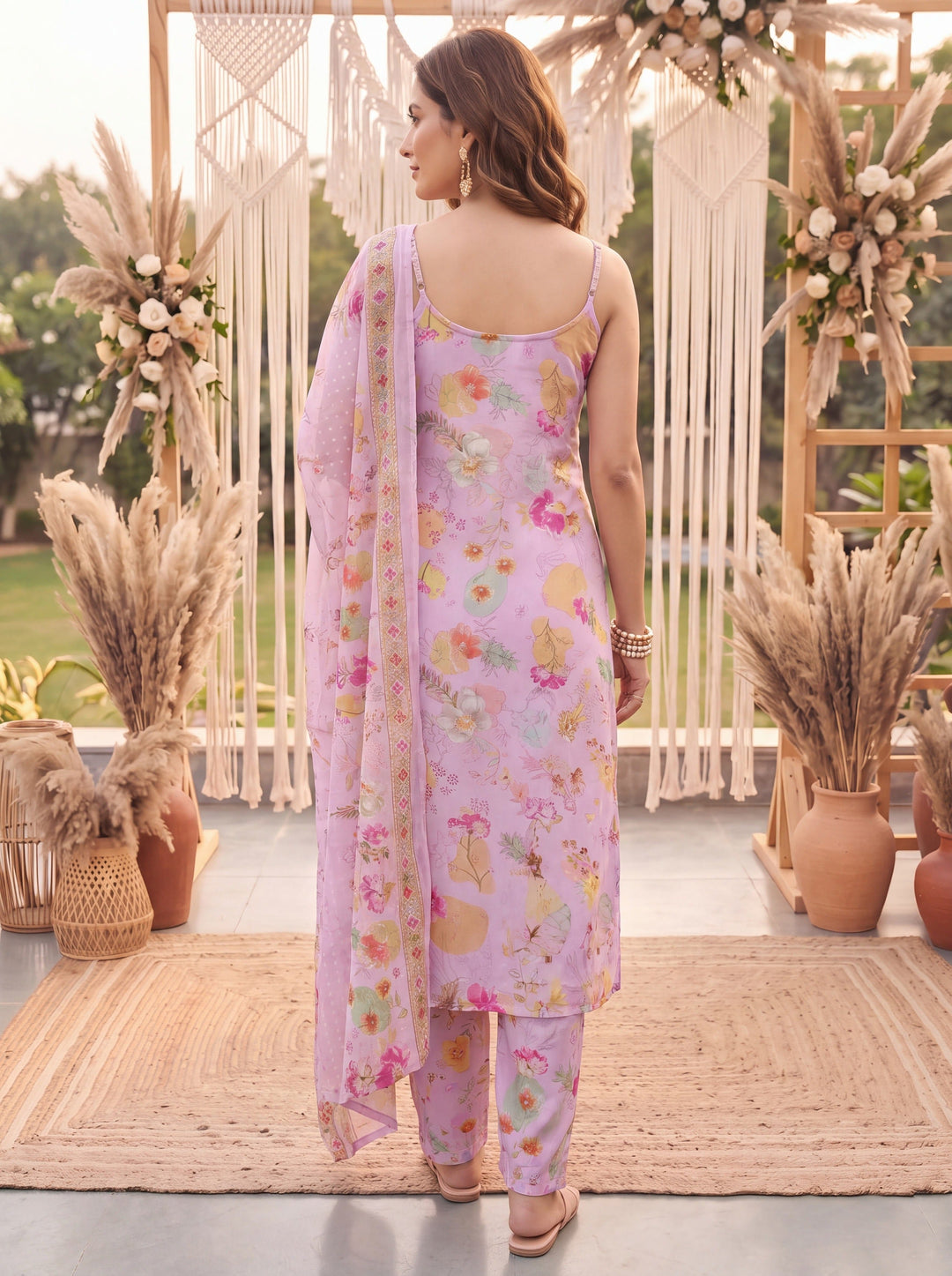 Pink Printed Slik Blend Kurta Dupatta Pant Set