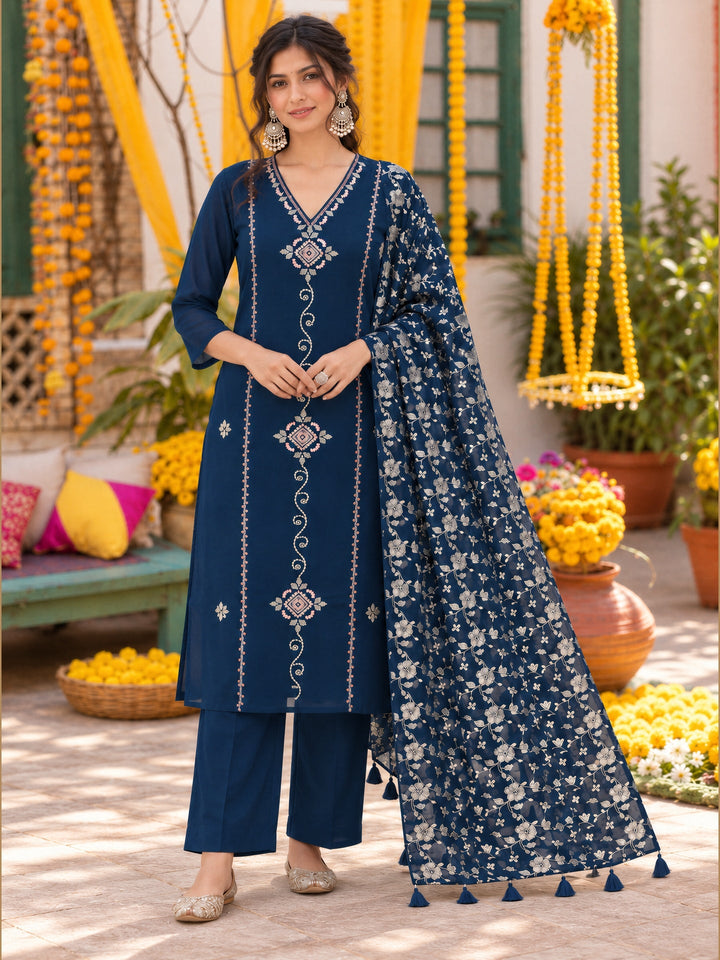 Mul Chanderi Straight Flared Kurta Pant Dupatta Set