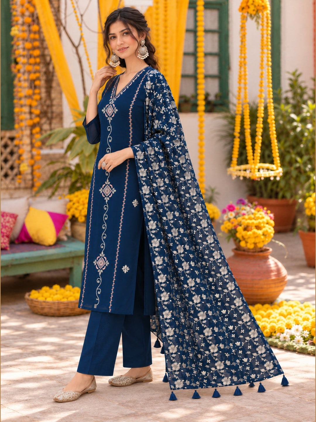 Mul Chanderi Straight Flared Kurta Pant Dupatta Set