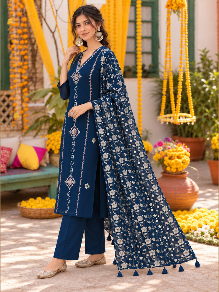 Mul Chanderi Straight Flared Kurta Pant Dupatta Set