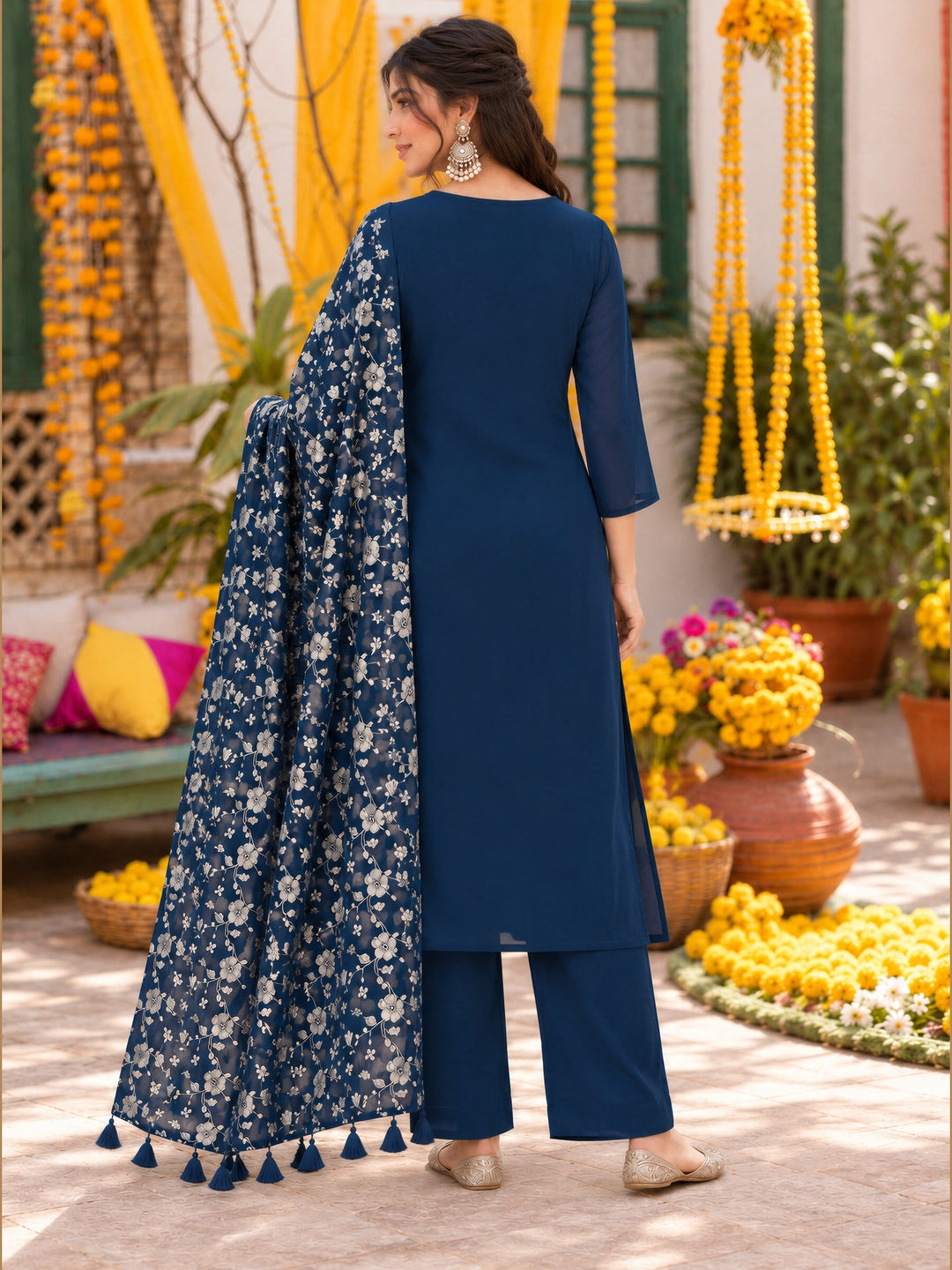 Mul Chanderi Straight Flared Kurta Pant Dupatta Set