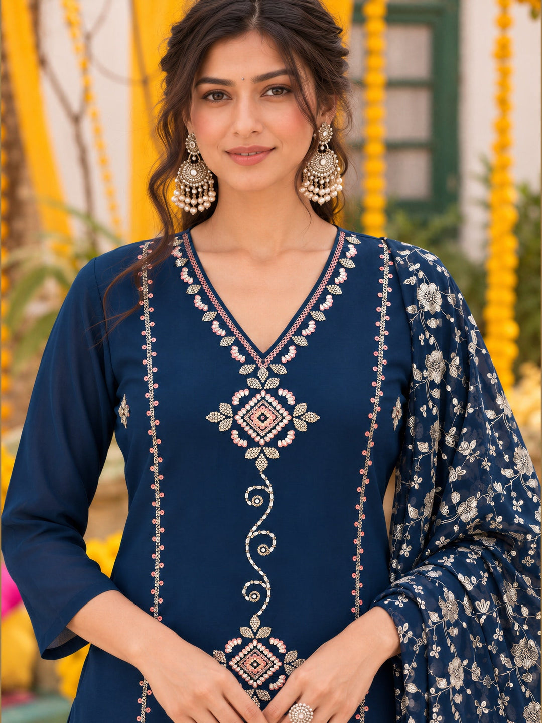 Mul Chanderi Straight Flared Kurta Pant Dupatta Set