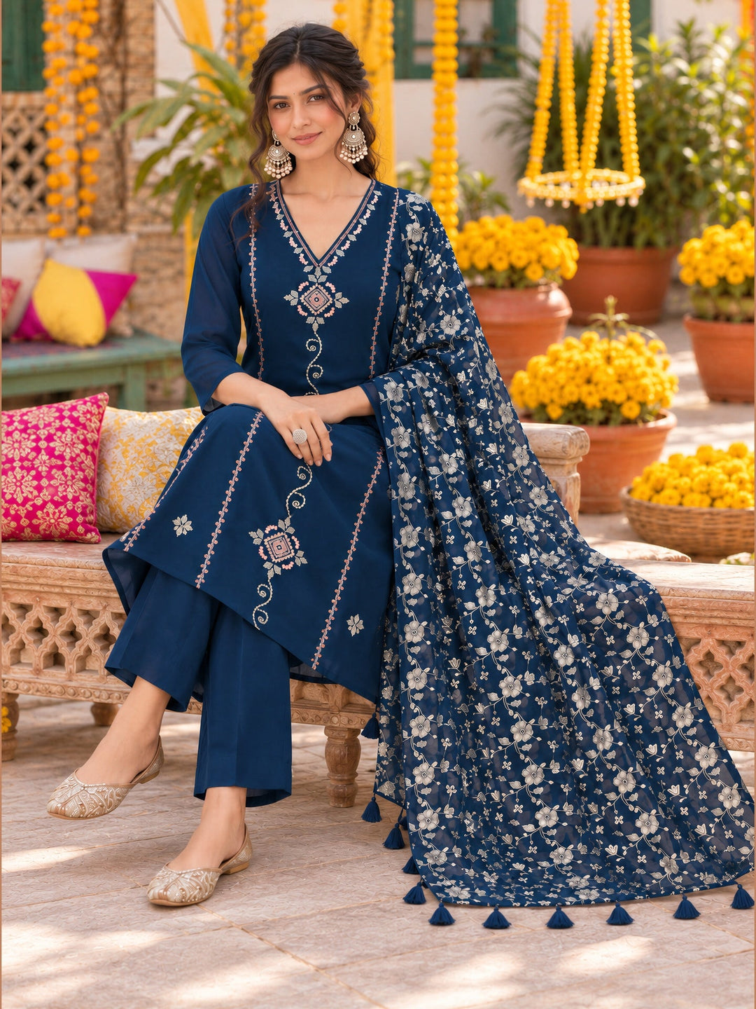 Mul Chanderi Straight Flared Kurta Pant Dupatta Set