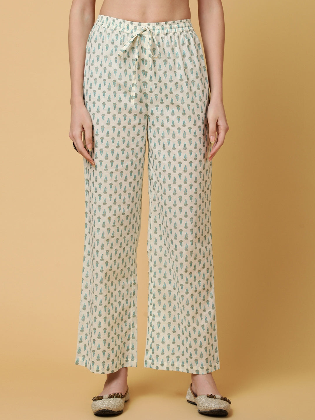 Cotton Calf Length Printed Flared 3/4 Sleeves V-Neck Kurta Bottom Dupatta Set