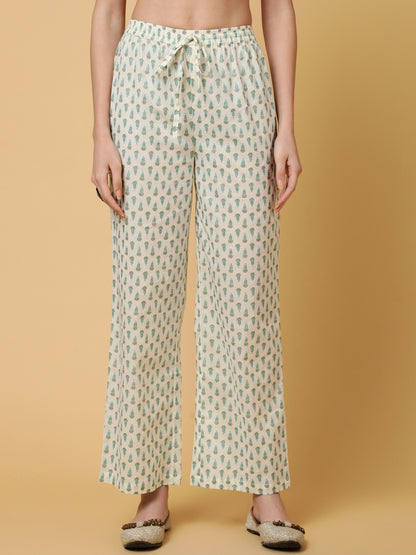 Cotton Calf Length Printed Flared 3/4 Sleeves V-Neck Kurta Bottom Dupatta Set