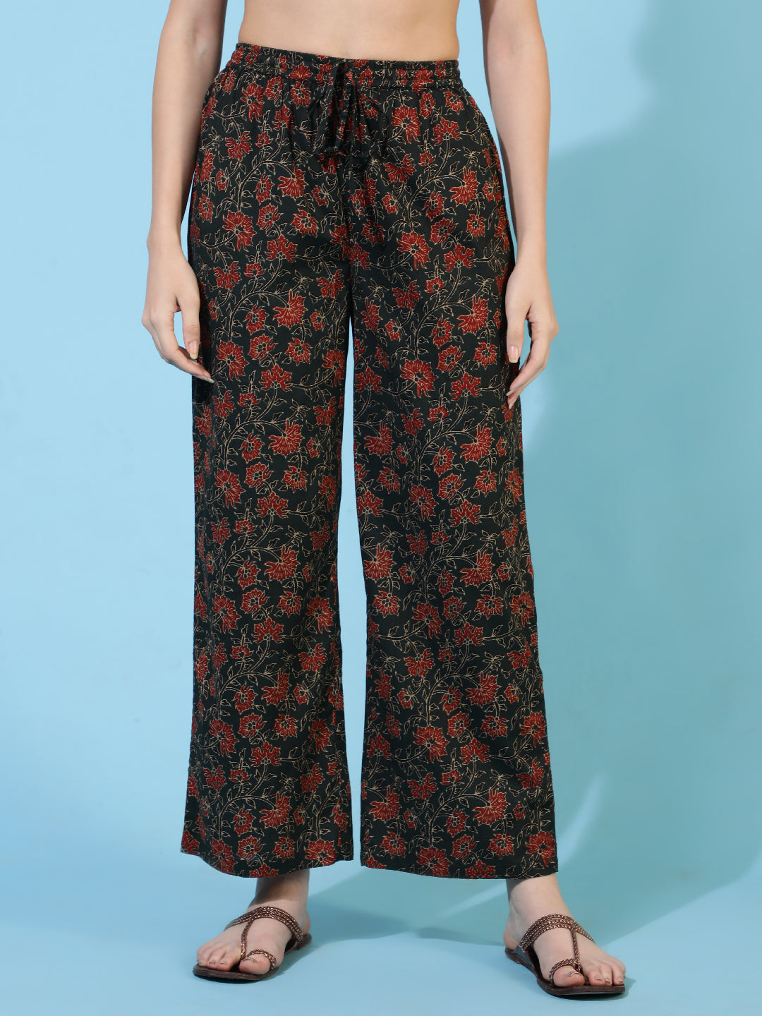 Cotton Calf Length Printed Flared 3/4 Sleeves V-Neck Kurta Bottom Dupatta Set