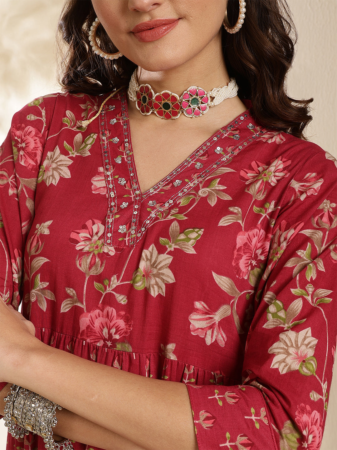 Cotton Calf Length Printed 3/4 Sleeves V-Neck Anarkali Kurta