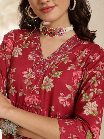 Cotton Calf Length Printed 3/4 Sleeves V-Neck Anarkali Kurta