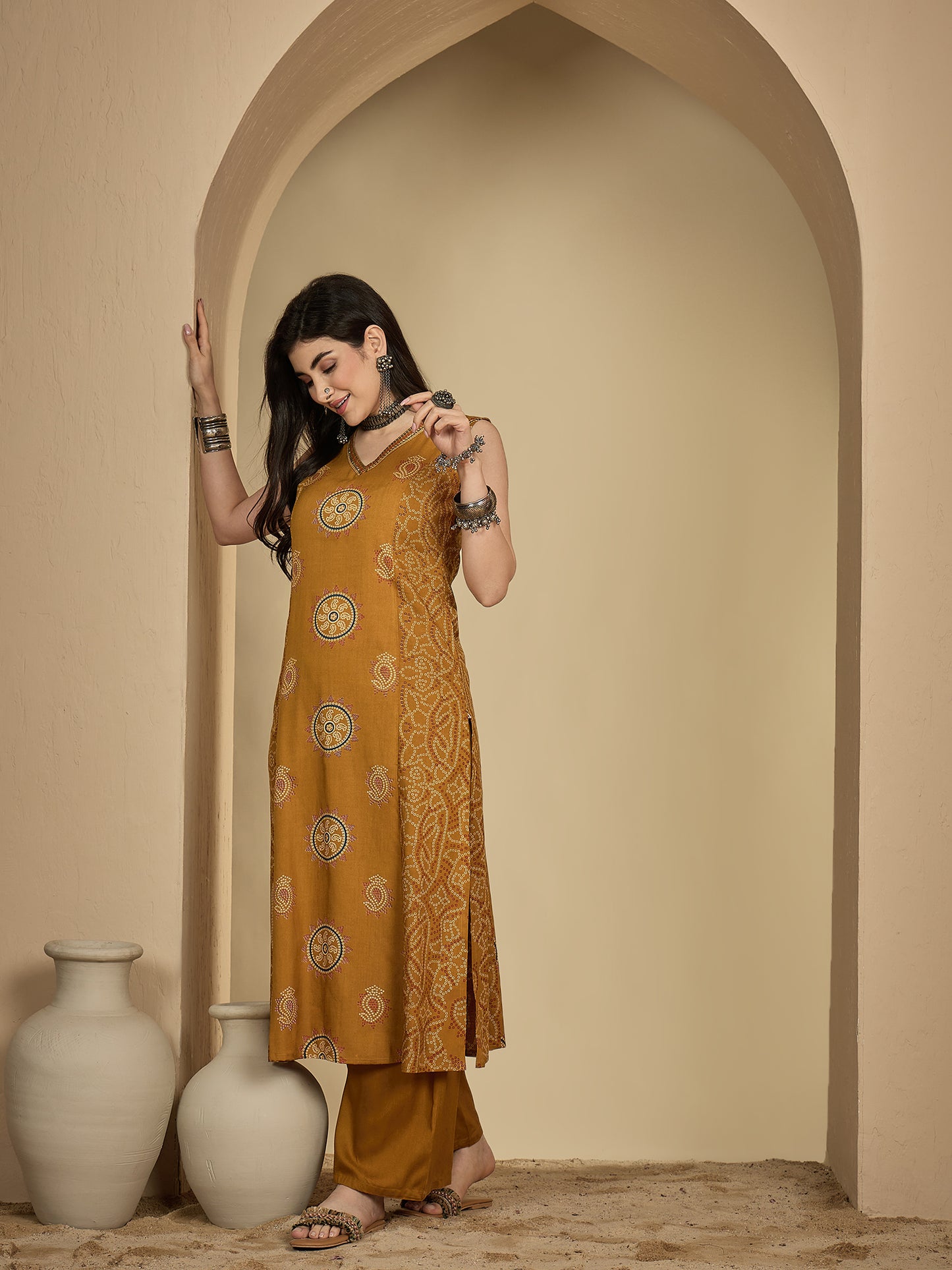 Rayon Calf Length Printed Sleeveless V-Neck A-Line Kurta Suit Set