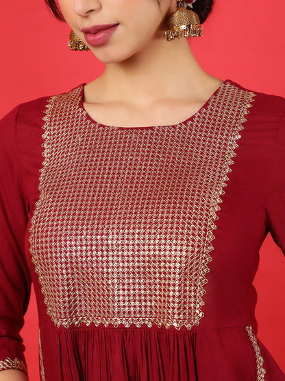 Rayon Calf Length Solid Flared 3/4 Sleeves Round Neck Kurta Bottom Dupatta Set (Preorder)