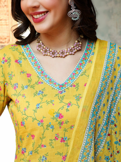 Cotton Calf Length Printed Straight 3/4 Sleeves V-neck Kurta Bottom Dupatta Set (Preorder)