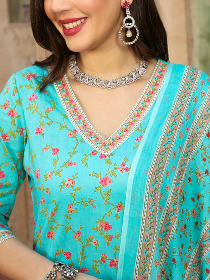 Cotton Calf Length Printed Straight 3/4 Sleeves V-neck Kurta Bottom Dupatta Set