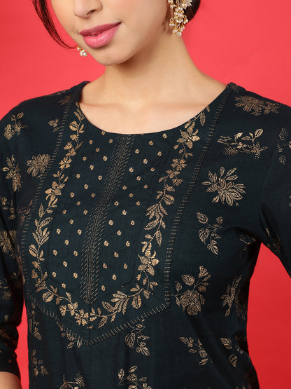 Rayon Calf Length Printed Straight 3/4 Sleeves Round Neck Kurta Bottom Dupatta Set