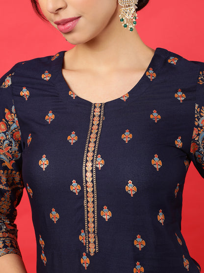 Rayon  Calf Length Printed Straight 3/4 Sleeves Round Kurta Bottom Dupatta Set