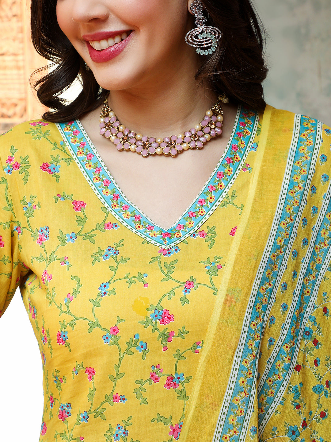 Cotton Calf Length Printed Straight 3/4 Sleeves V-neck Kurta Bottom Dupatta Set