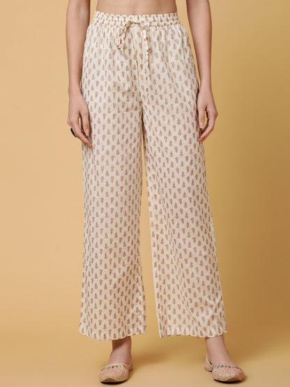 Cotton Calf Length Printed Flared 3/4 Sleeves V-Neck Kurta Bottom Dupatta Set