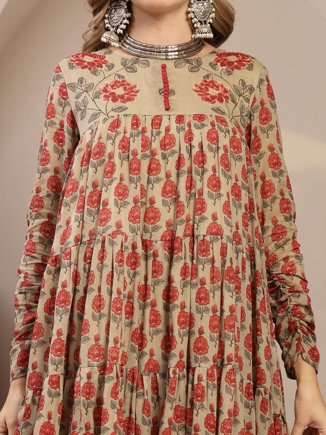 Malmal Calf Length Printed 3/4 Sleeve Round Neck Anarkali Kurta Suit Set