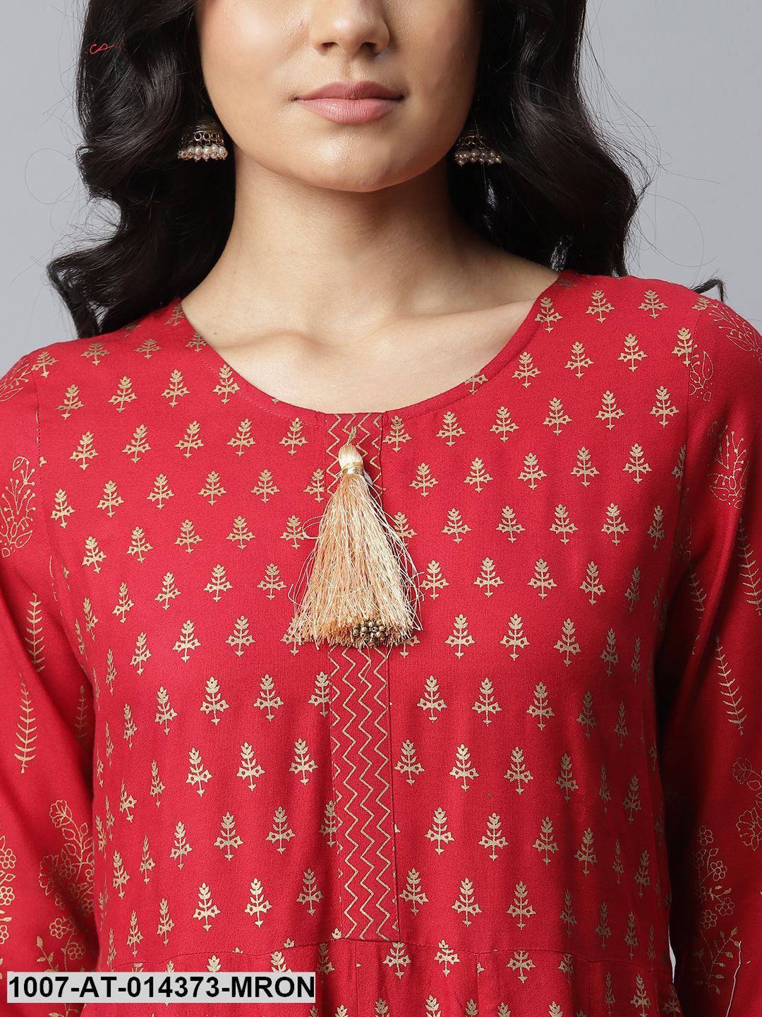 Gold Print Rayon Long Anarkali Kurta (Maroon) (Pre-Order)